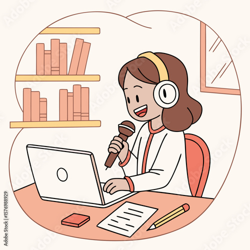 Illustration of a girl with headphones speaking into a microphone at a desk with a laptop and books