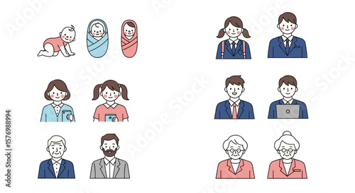 Representations of human life stages and emotional states illustrated with pixelated graphics showing diverse individuals in different life phases and reactions