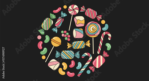 A whimsical assortment of colorful candies and sweet treats arranged in a circular pattern for festive celebration