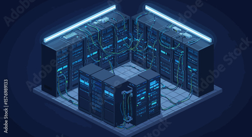 Isometric server room with blinking lights and cables