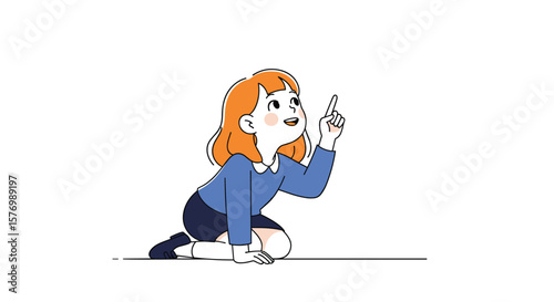 Young woman in a blue shirt kneeling and pointing upwards with her finger in a cartoonish style