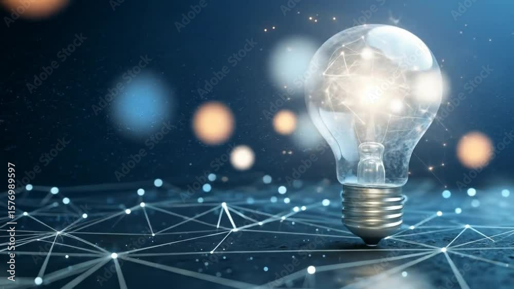 A glowing lightbulb is illuminated against a dark background, with a complex network of interconnected nodes inside and around it, symbolizing the powerful fusion of ideas, technology, and intelligenc