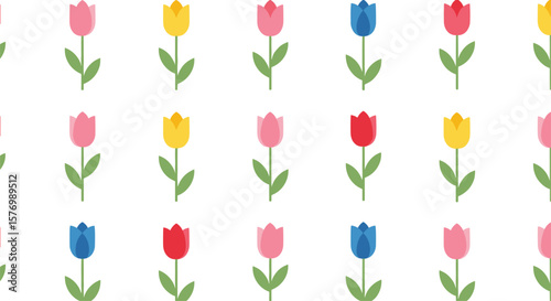 Beautiful spring tulips pattern with many colorful blooming flowers