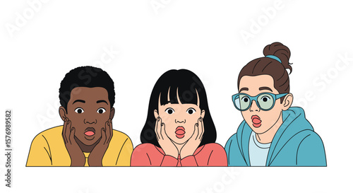 Three diverse children expressing shock and surprise with wide eyes and open mouths in a cartoon illustration