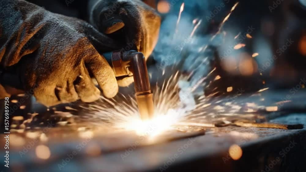 Metal Work: An artisan welds metal with precision, sparks flying, in a detailed and compelling capture, showcasing the intense focus and artistry of the trade.