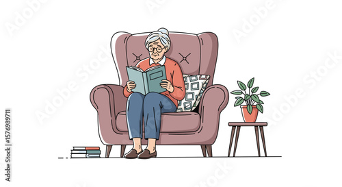 Elderly woman relaxing comfortably in a plush armchair reading a book surrounded by home comforts and a potted plant