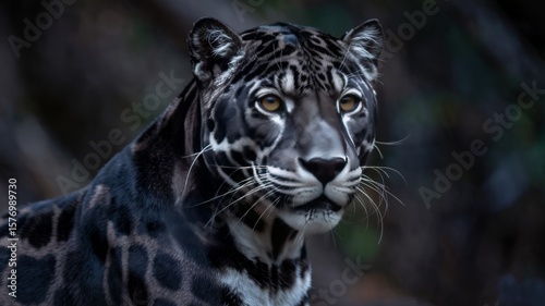 Close up portrait of a black jaguar with striking yellow eyes in a dark forest setting