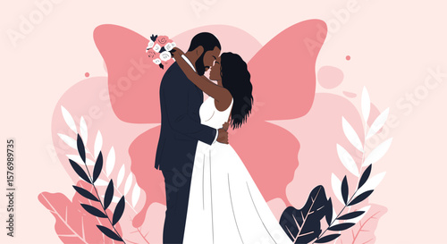 A beautiful black couple embraces tenderly under a delicate butterfly wing