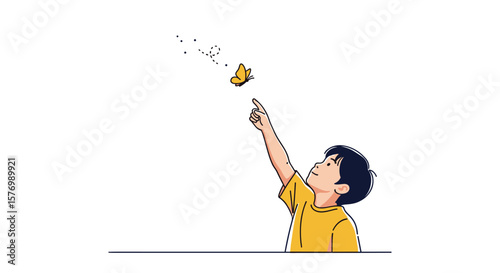 A young boy reaching up to touch a falling yellow leaf in a beautiful white outdoor setting with a gentle breeze