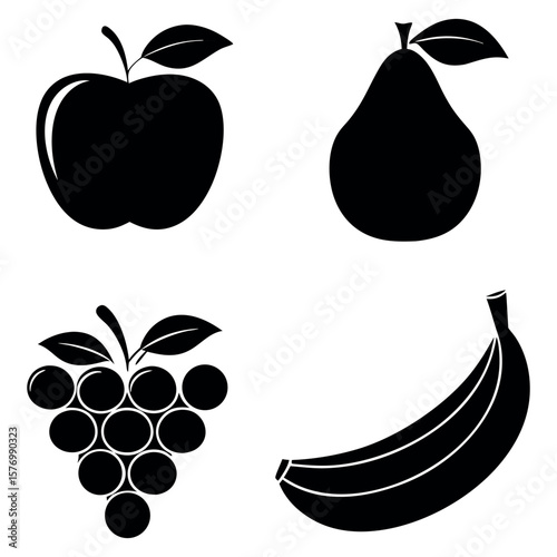Silhouette Collection of Fresh Fruits Apple Pear Grapes and Banana Healthy Food Choices and Natural Sweetness Isolated on White