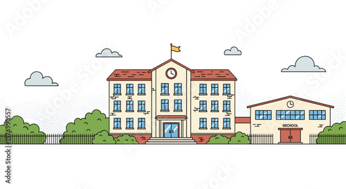 Pixel art school building with trees and clouds on a sunny day educational institution campus landscape