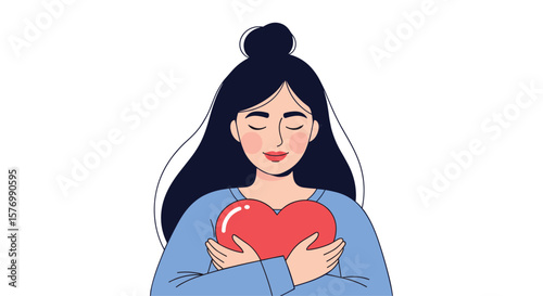 Woman holding red heart close to chest with eyes closed in peaceful expression