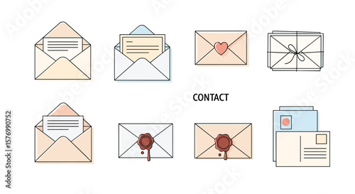 Collection of various envelope designs and mailing items representing communication methods