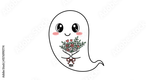 Adorable ghost holding a beautiful bouquet of roses with a sweet expression