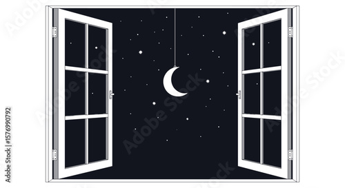 Beautiful night sky view through open window under gentle moonlight
