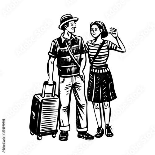 A vintage style illustration showing tourist couple