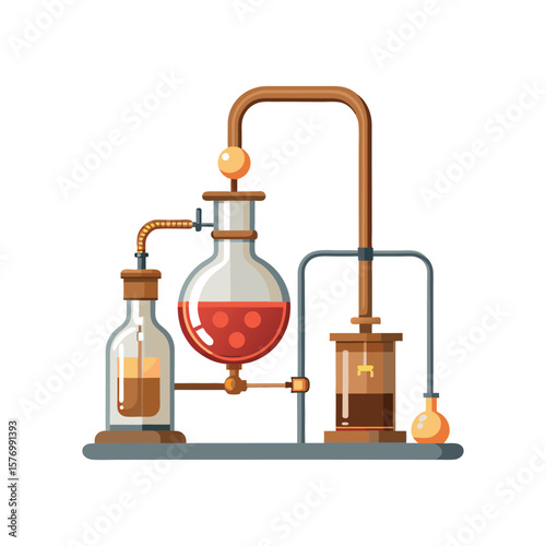 Vintage scientific distillation apparatus with red liquid