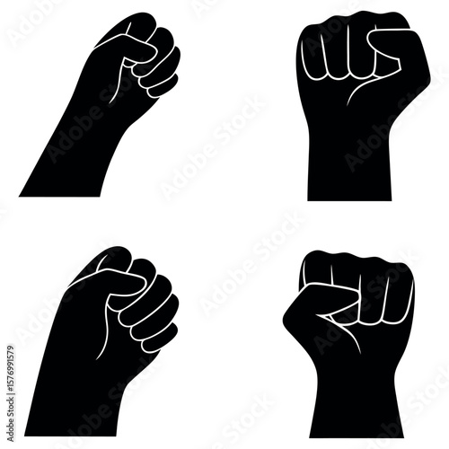 Four Black Silhouetted Fists Raised in Solidarity Symbolizing Resistance Empowerment and Unity Against Oppression on a White Background