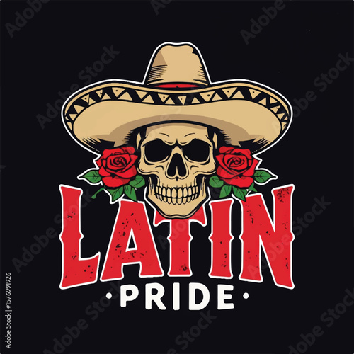 Latin Pride Skull with Sombrero and Roses Illustration