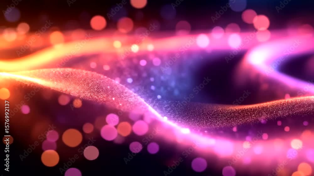 Abstract glowing particle wave background loop, dynamic flow with bokeh effect