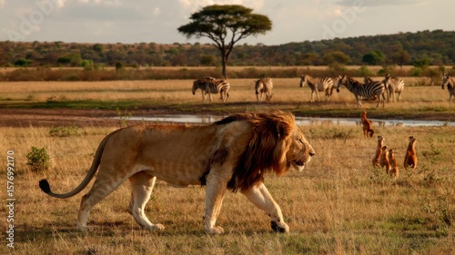Majestic male lion walks across the savanna with zebras and meerkats in the background