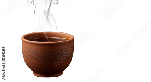 Steaming cup of hot beverage in a clay mug isolated on white isolated on transparent background
