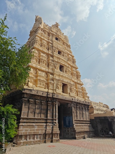 A spiritually resonant view of Thirukazhukundram, Tamil Nadu, India, capturing both the hilltop Vedagiriswarar Temple and the ancient foothill temple complex. The hill temple, dedicated to Lord Shiva,