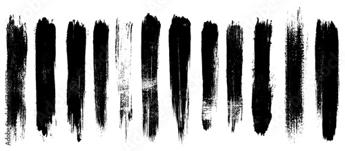 Straight line vector brush strokes. Black hand drawn stripes, smears. Chinese or Japanese calligraphy brushstrokes set. Rough grunge thick paint line texture. Vector sketch rectangle text boxes. 