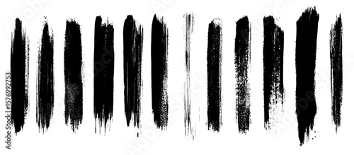 Straight line vector brush strokes. Black hand drawn stripes, smears. Chinese or Japanese calligraphy brushstrokes set. Rough grunge thick paint line texture. Vector sketch rectangle text boxes. 