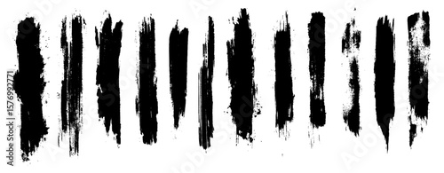 Straight line vector brush strokes. Black hand drawn stripes, smears. Chinese or Japanese calligraphy brushstrokes set. Rough grunge thick paint line texture. Vector sketch rectangle text boxes. 