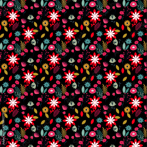 Colorful Floral Seamless Pattern on Black Background – Decorative Botanical Design for Fabric and Print
