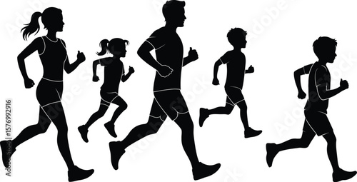 Running Family Silhouettes: Active Parents and Kids Exercising Together