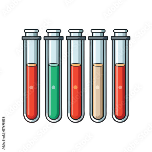 Five test tubes filled with colorful liquids