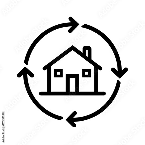 Simple black line art icon of a house with windows, door, chimney, surrounded by circular process arrows, concept for property management system diagrams, real estate life cycle, and home renovation