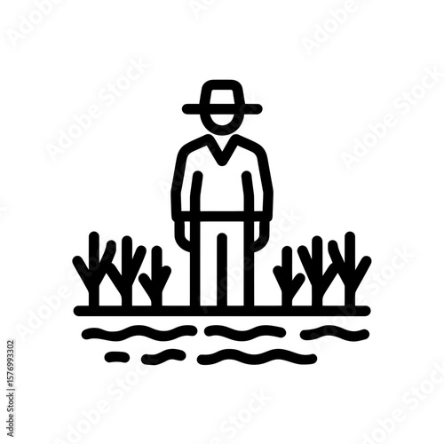 Simple vector outline icon showing a person wearing hat standing in planted field with flowing water below, concept for agricultural business applications rural life representation and sustainable