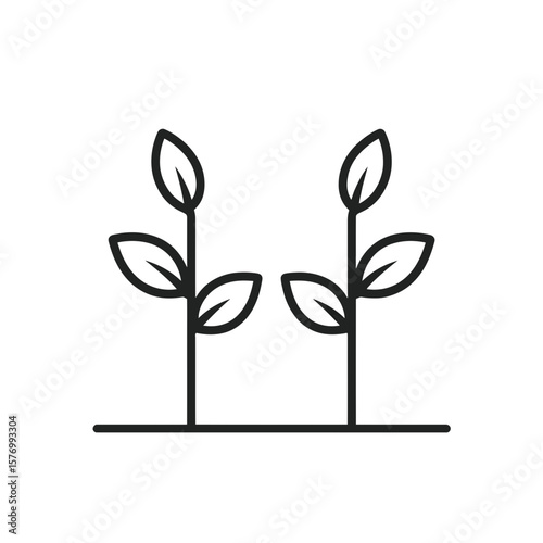 Clean line art black graphic of two small seedling sprouts with leaves on horizontal ground line, concept for organic food emblem eco friendly projects and renewable energy presentations