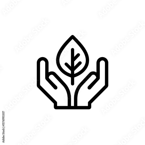 Abstract vector line drawing icon of two human hands carefully cupping a simple green leaf structure, concept for eco-friendly business, health wellness promotion, and natural resources management