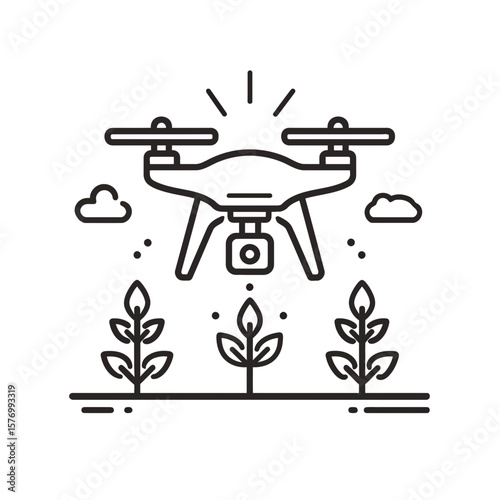 Line art illustration of drone flying above plants monitoring crops, smart agriculture concept, concept for precision farming, agricultural technology, and environmental monitoring