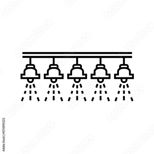Simple black line icon featuring a series of five identical hanging lamps casting segmented light rays downward, concept for residential interiors, commercial space design, and exhibition hall