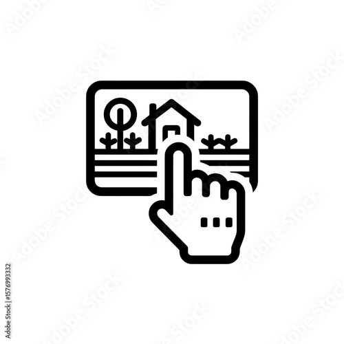 Icon showing digital screen with house landscape illustration and hand pointer clicking action, concept for real estate website interface, online home search application, property booking technology