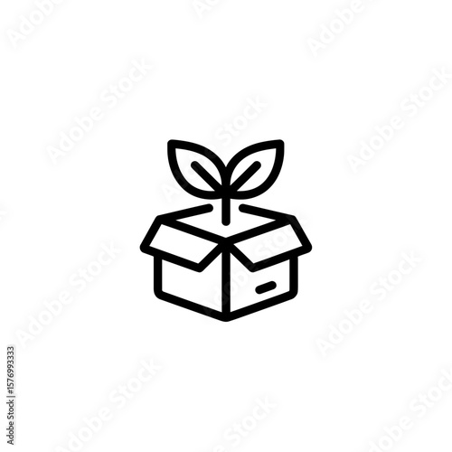 Line art icon depicts young green plant growing from open cardboard box, concept for sustainable delivery organic product shipping and new business venture launch