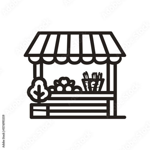 Simple monoline vector icon presenting an outdoor farmer's market stall loaded with produce, concept for healthy food promotion assets, local retail shop branding and agricultural business report
