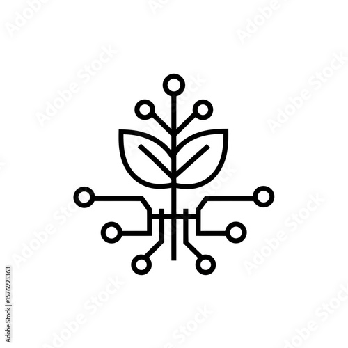 Detailed line icon illustrating a plant with leaves its roots intricately morphing into a complex digital circuit network, concept for environmentally conscious technology, data driven agriculture,
