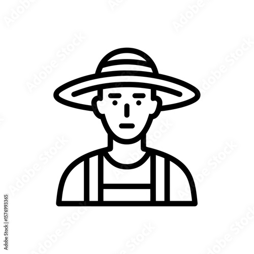 Clean vector outline icon of a person figure featuring a broad brim hat and classic agricultural overalls, Concept for farm industry graphics, sustainable agriculture designs, and rural community