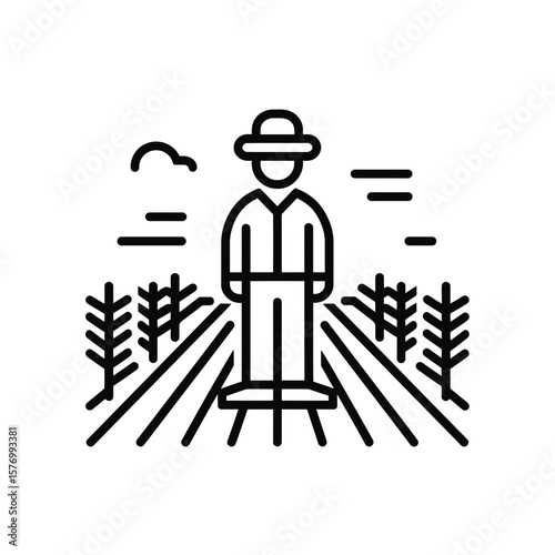 minimalist black and white line icon depicting a person wearing a hat standing in a cultivated field with plants, concept for agricultural business identity, farm-related project illustration