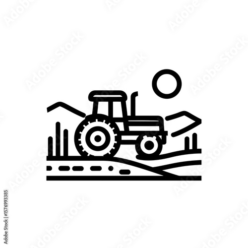 Detailed monochrome line icon presenting a tractor cultivating a field landscape under a sun graphic, concept for agricultural branding presentation, farm business identity illustration, land