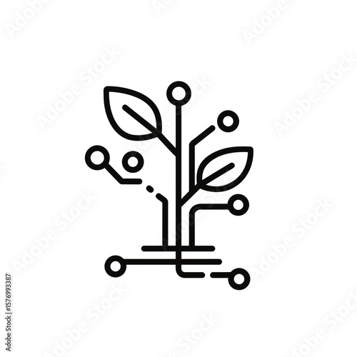 Clean black outline illustration depicting a plant with leaves growing from a technological circuit foundation, concept for sustainable technology development, digital agriculture solutions