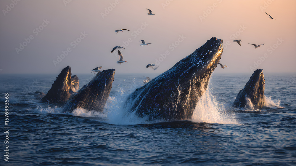 Fototapeta premium Spectacular Whale Watching: Capturing the Majesty of Marine Giants at Sunset