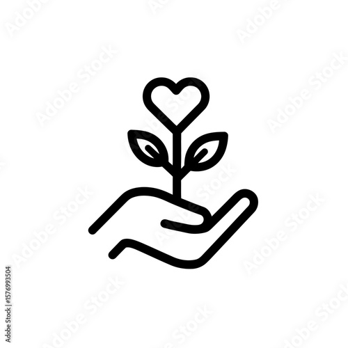 Simple black outline icon featuring open hand cradling delicate seedling with heart shape atop stem representing growth, care, and passion, concept for use in wellness programs, sustainable business