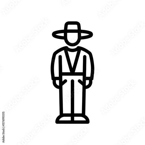 Simple black outline illustration of a standing figure wearing a wide-brimmed hat and V-neck outfit, concept for user profile icons, cultural character avatars and specific job representations